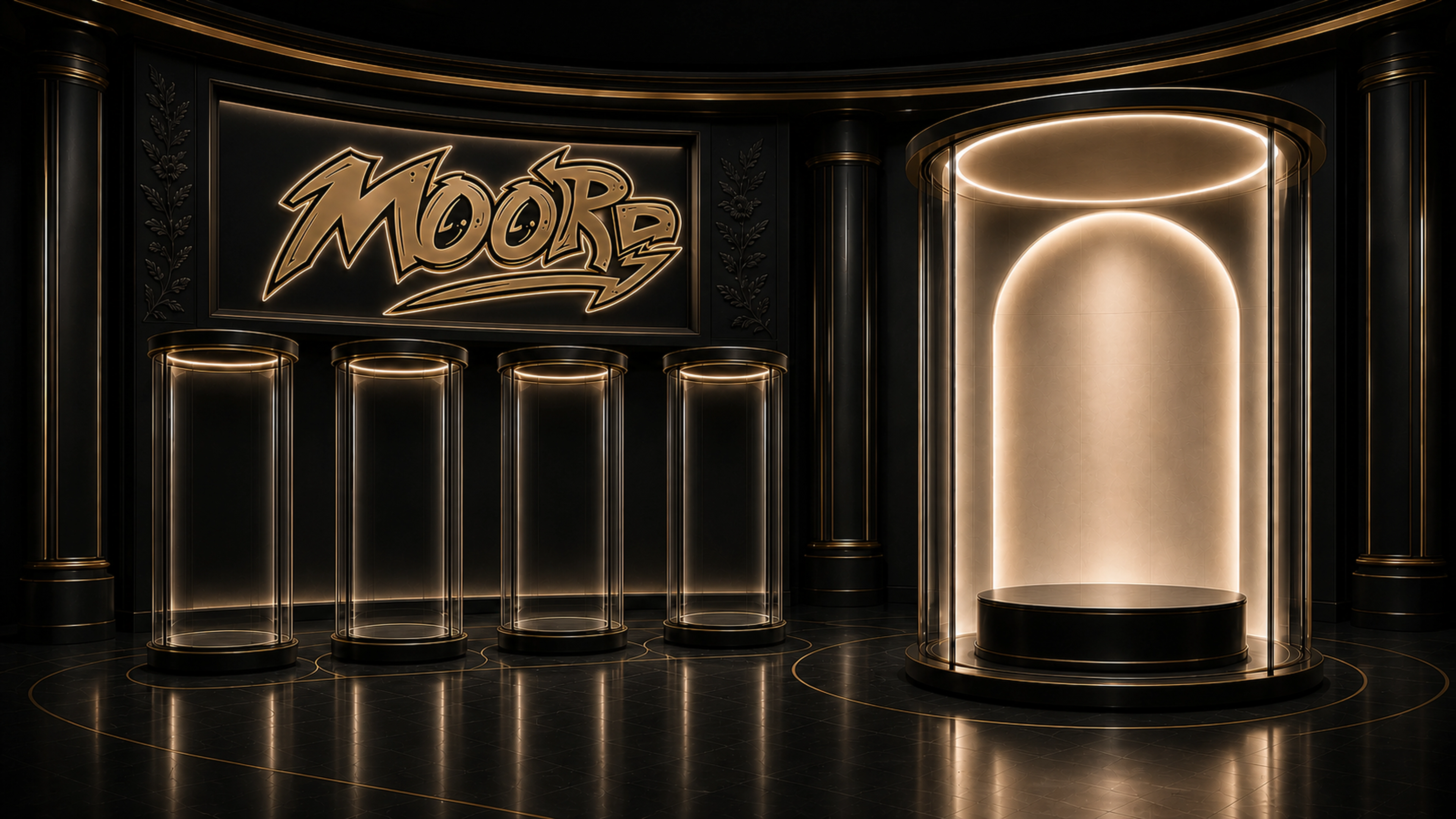 Deep black and gold museum gallery with T-shirt cases and one censored main display
